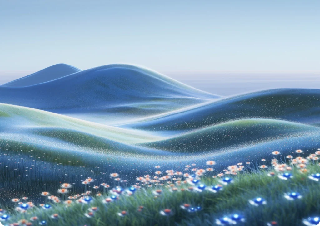 Abstract blue hills and flower field illustration.