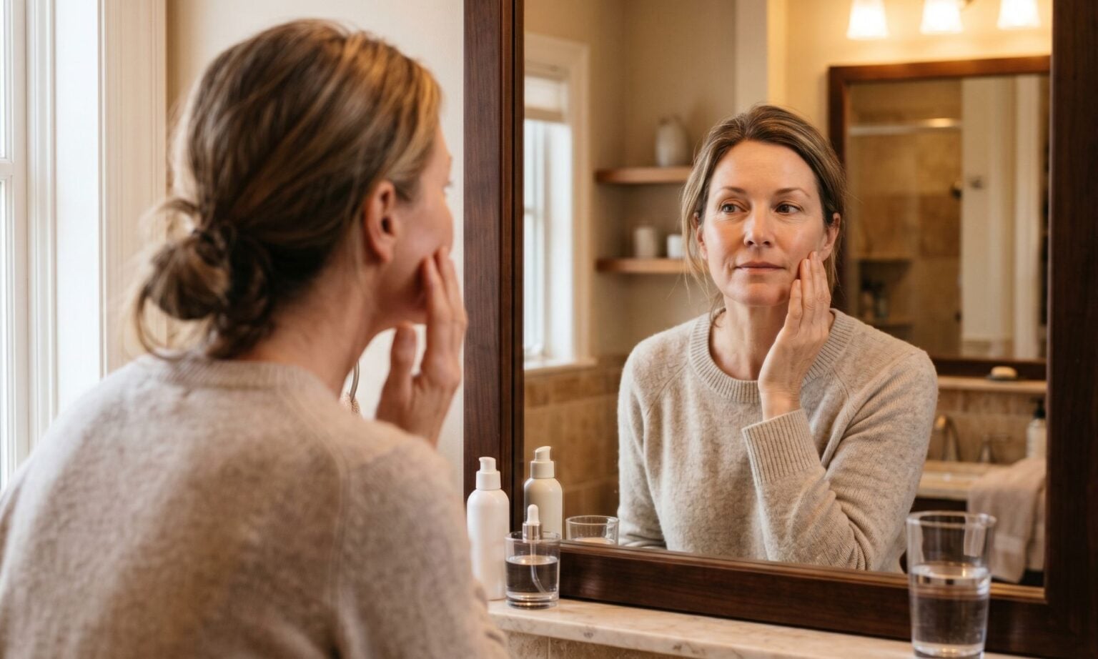 woman examining facial hair growth during menopause