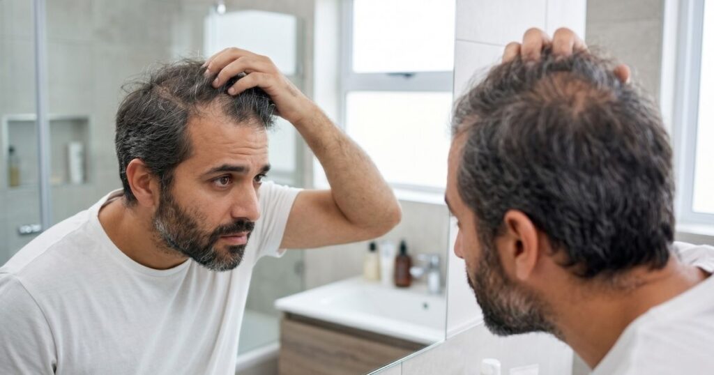 men looking in mirror thyroid facial hair